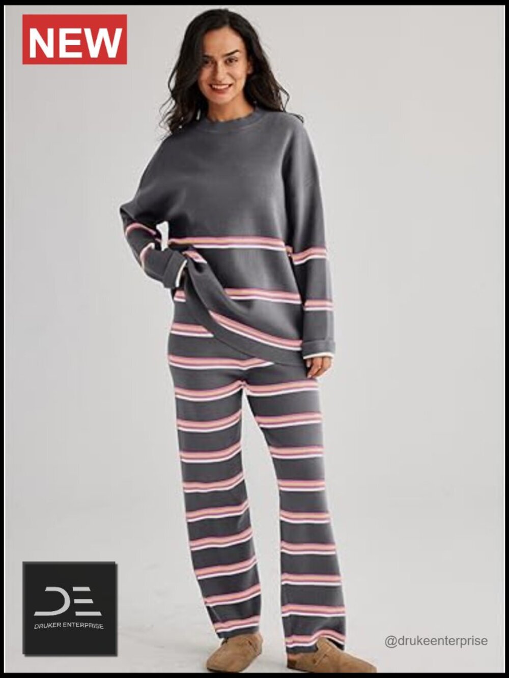 Two Piece Lounge Set Sweatsuit Striped Knit Sweater Outfit Pullover Top and - Picture 2 of 6